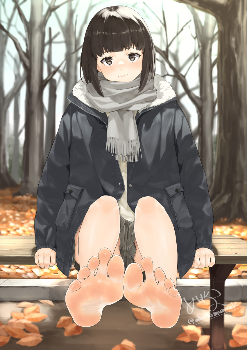 1girl absurdres autumn autumn_leaves bare_legs bare_tree barefoot bench black_hair black_jacket blunt_bangs blurry blurry_background blush bob_cut brown_hair closed_mouth coat commentary_request day feet foot_focus foreshortening fringe_trim full_body grey_scarf grey_skirt highres jacket leaf legs long_sleeves looking_at_viewer mbr90munouk medium_hair on_ground open_clothes original outdoors plaid pleated_skirt scarf signature sitting skirt sleeves_past_wrists soles solo toes tree twitter_username watermark winter_clothes