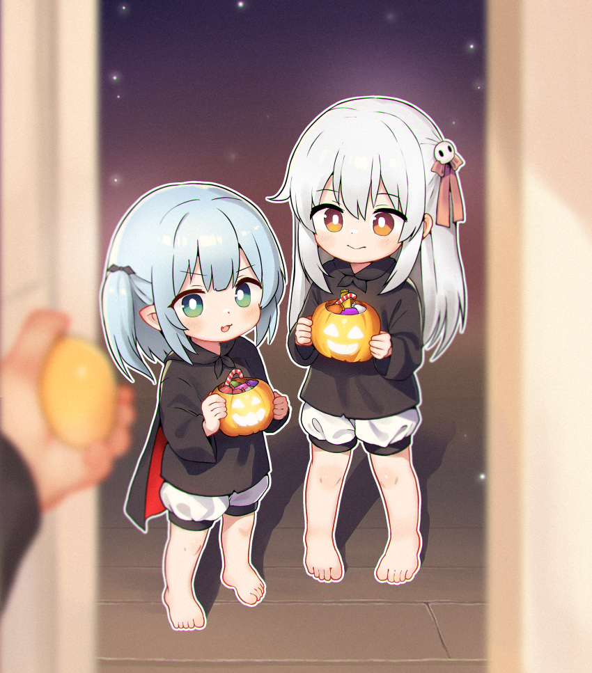 1other 2girls absurdres barefoot black_cape blue_hair blurry blurry_foreground candy cape closed_mouth commentary_request fang food full_body halloween highres jack-o'-lantern kuma-bound long_hair medium_hair multiple_girls open_mouth original pointy_ears pov smile standing toes trick_or_treat white_hair