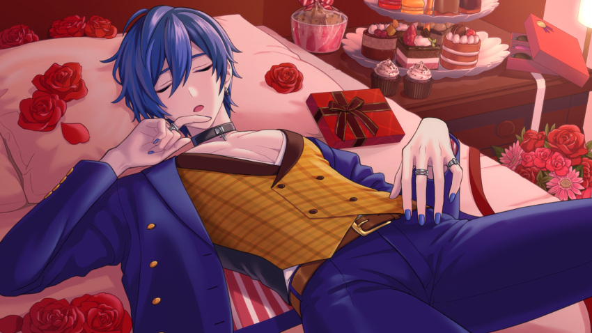 1boy akiyoshi_(tama-pete) belt black_choker blue_hair blue_jacket blue_nails blue_pants buttons cake cake_slice choker closed_eyes commentary cookie ear_piercing female_pov flower food gift hair_between_eyes hand_on_own_hip hand_to_own_mouth head_on_pillow highres jacket jewelry kaito_(vocaloid) lying male_focus manicure muffin nail_polish on_back on_bed pants parted_lips pectorals piercing pink_theme pov red_flower red_rose ring rose sleeping solo upper_body valentine vest vocaloid