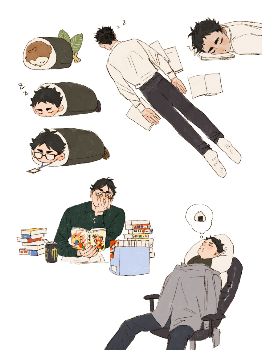 1boy akaashi_keiji animal animalization bird black_hair black_pants book book_stack can chengongzi123 chibi closed_eyes coat collared_shirt commentary drink_can food full_body green_shirt grey_coat haikyuu!! highres holding holding_book long_sleeves lying makizushi male_focus manga_(object) meta monster_energy multiple_views on_stomach owl pants paper reading shirt short_hair simple_background sitting sleeping socks soda_can sushi swivel_chair symbol-only_commentary thought_bubble unworn_coat very_short_hair white_background white_shirt white_socks zzz