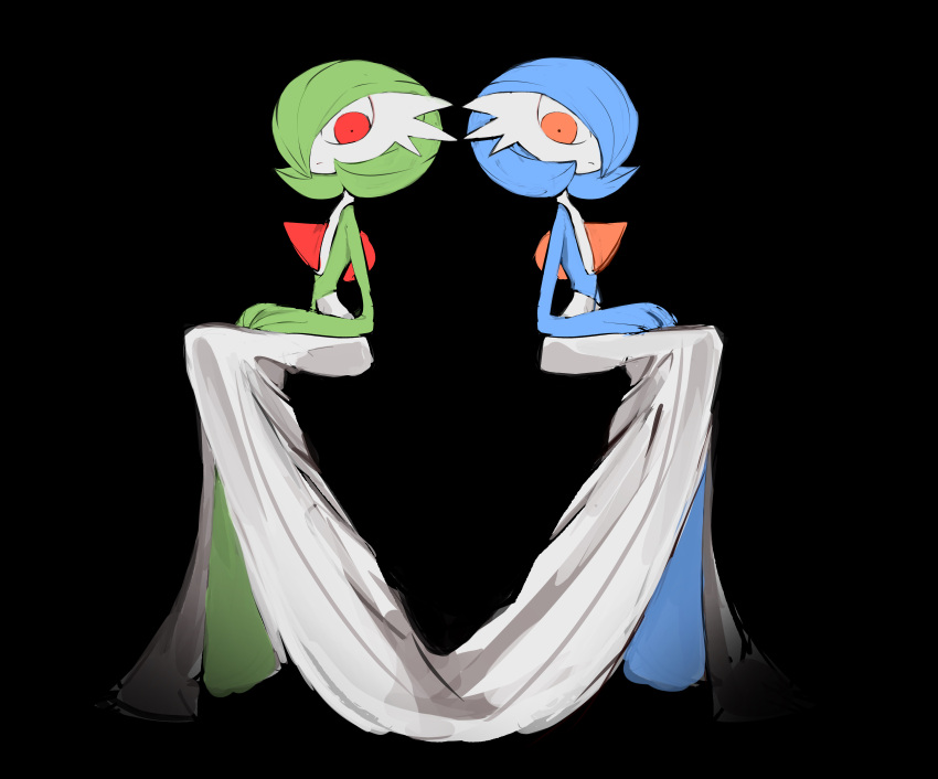 2girls absurdres alternate_color black_background blue_hair blue_skin bob_cut closed_mouth colored_skin commentary_request constricted_pupils expressionless flat_chest full_body gardevoir green_hair green_skin hair_over_one_eye hands_on_lap highres invisible_chair legs_together looking_at_viewer multicolored_skin multiple_girls one_eye_covered orange_eyes pokemon pokemon_(creature) red_eyes shiny_and_normal shiny_pokemon short_hair simple_background sitting symmetry tem_(tem_konp10) two-tone_skin white_skin wide-eyed