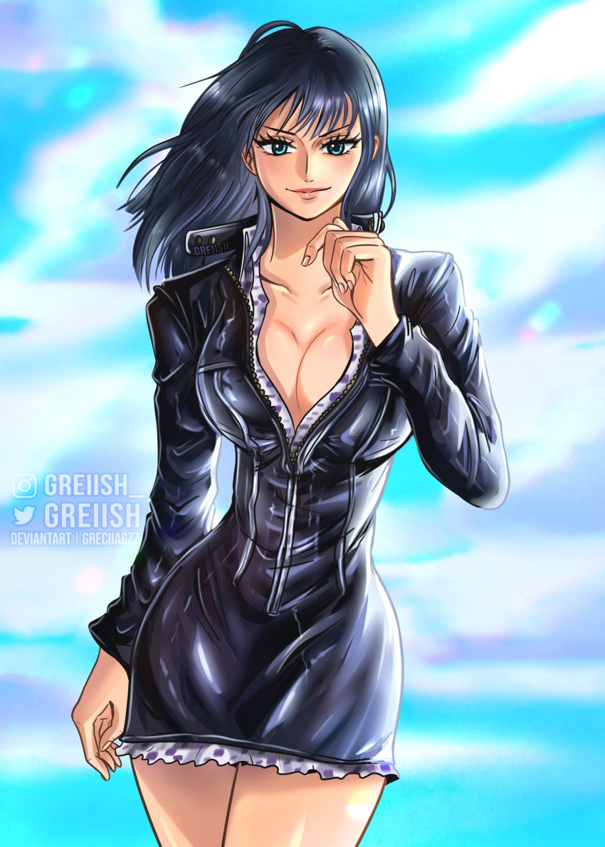 1girl arm_up black_dress black_hair blue_eyes blunt_bangs breasts cleavage collared_shirt cowboy_shot deviantart_username dress english_commentary facing_viewer floating_hair greciiagzz highres instagram_logo instagram_username leather_dress looking_at_viewer medium_hair nico_robin one_piece pink_lips shirt smile solo twitter_logo twitter_username