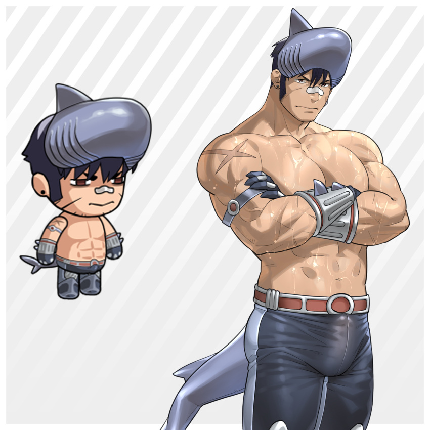 1boy abs absurdres animal_costume bandaid bandaid_on_face bandaid_on_nose bara bulge character_request covered_penis cowboy_shot crossed_arms erection erection_under_clothes ero_condo fins fish_tail halloween_costume highres kienbiu large_pectorals looking_ahead male_focus muscular muscular_male navel official_alternate_costume paid_reward_available pants pectorals scar scar_on_arm shark_costume shark_tail short_hair simple_background solo standing stomach tail tight_clothes tight_pants topless_male wet