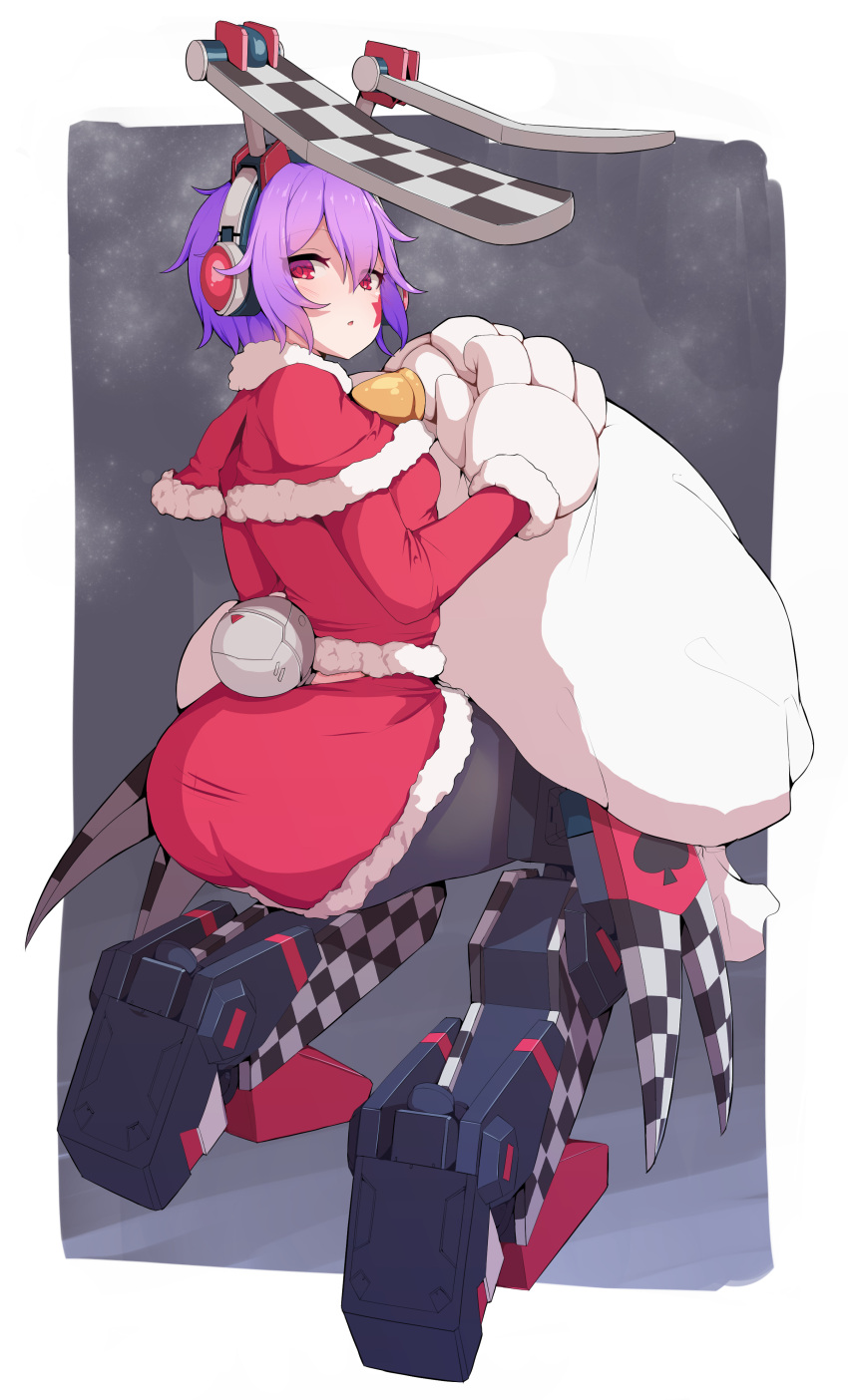 :o absurdres animal_ears cosmic_break facial_tattoo highres holding holding_sack mecha_musume pantyhose purple_hair rabbit_ears red_eyes renny_lop robot_ears sack santa_costume sgame_deme short_hair tattoo