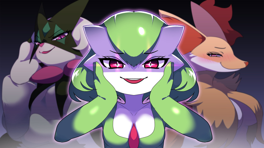 +_+ 3girls animal_ear_fluff animal_ears animal_nose blush bob_cut body_fur breasts cat_girl closed_mouth collarbone colored_skin commentary_request delphox english_commentary fox_ears fox_girl furry furry_female gardevoir glowing glowing_eyes grapeanime green_fur green_hair green_skin hair_between_eyes half-closed_eyes hand_up hands_on_own_cheeks hands_on_own_face hands_up happy highres looking_at_viewer medium_breasts meowscarada mixed-language_commentary multicolored_fur multicolored_skin multiple_girls nose_blush open_mouth partial_commentary pokemon pokemon_(creature) purple_outline red_eyes red_fur shaded_face short_hair small_breasts smile snout straight-on teeth two-tone_skin white_fur white_skin yellow_fur