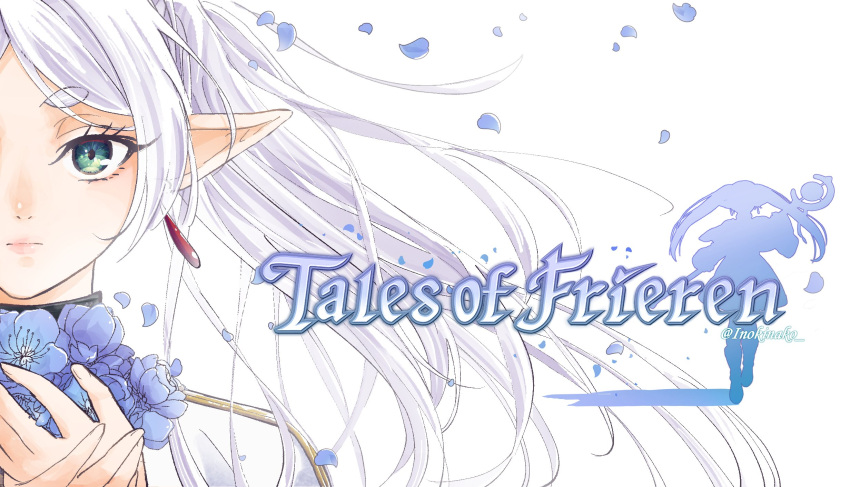 1girl blue_flower box_art capelet drop_earrings earrings elf fake_box_art flower frieren green_eyes highres inokinako jewelry long_hair looking_at_viewer parted_bangs petals pointy_ears solo sousou_no_frieren tales_of_(series) tales_of_berseria thick_eyebrows twintails upper_body white_hair