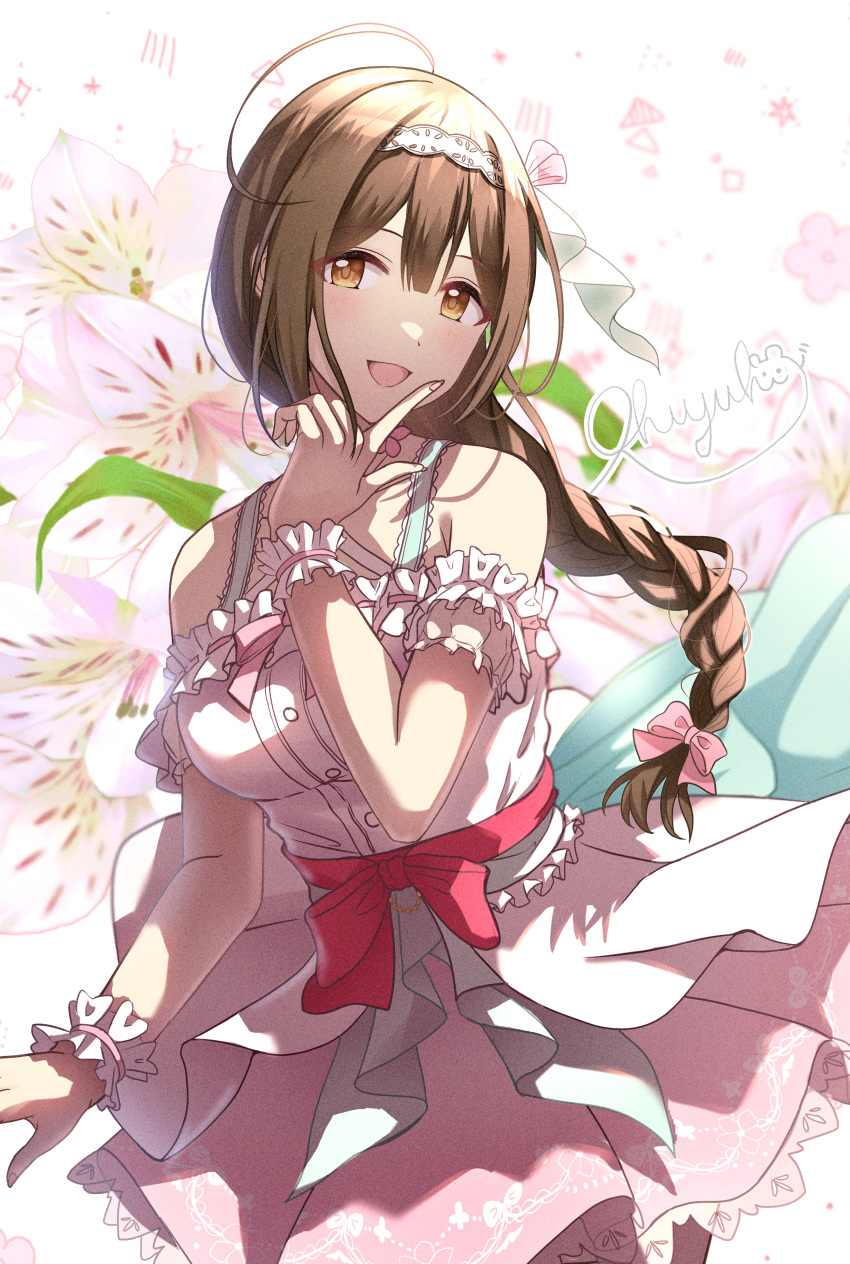 1girl absurdres ahoge alstroemeria_(flower) arm_garter bare_shoulders blurry blurry_background blush bow braid breasts brown_eyes brown_hair character_signature citrusmikan dress floral_background frilled_dress frills hair_bow hair_over_shoulder hair_ribbon hairband highres idolmaster idolmaster_shiny_colors index_finger_raised kuwayama_chiyuki lace-trimmed_skirt lace_trim large_breasts layered_dress long_hair looking_at_viewer off-shoulder_dress off_shoulder open_mouth pink_background pink_dress pink_ribbon red_bow ribbon scrunchie single_braid skirt smile solo waist_bow white_hairband white_scrunchie wrist_scrunchie