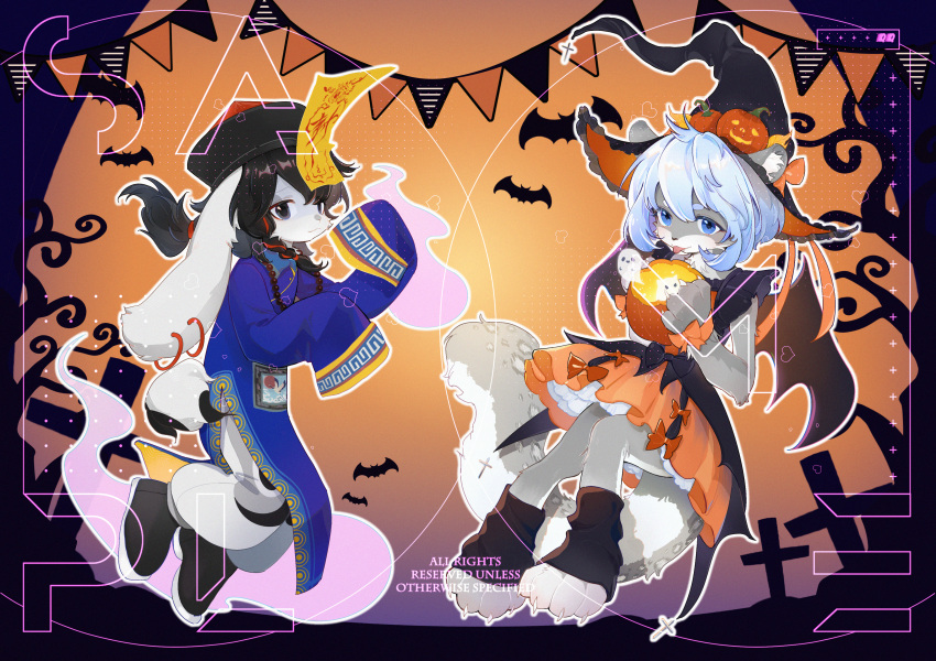 14_(character) absurd_res big_ears black_hair clothed clothing duo felid female hair halloween hi_res holidays humanoid lagomorph leopard leporid mammal pantherine pune rabbit white_hair yunuo_(character)