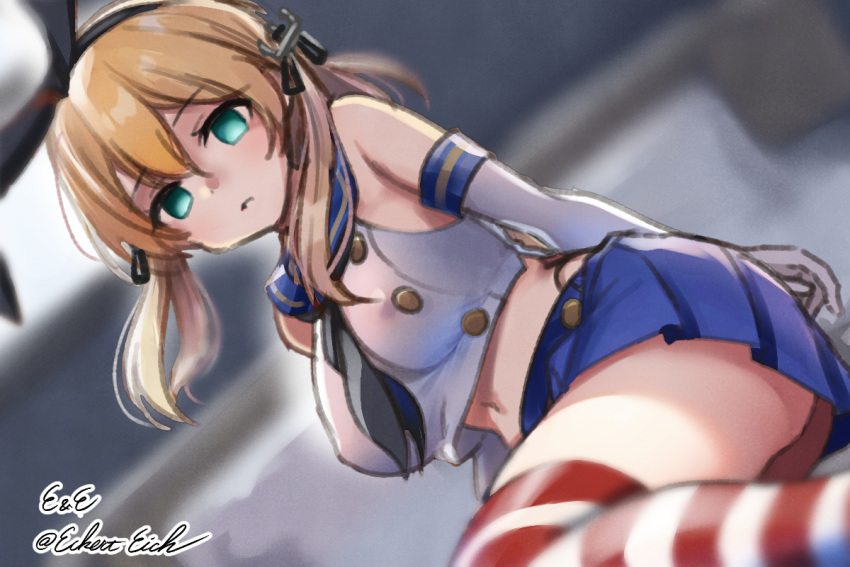 1girl anchor_hair_ornament bed black_hairband black_neckerchief black_panties blonde_hair blue_sailor_collar blue_skirt blurry breasts cosplay crop_top depth_of_field dutch_angle eckert&amp;eich elbow_gloves empty_eyes gloves hair_ornament hairband highleg highleg_panties kantai_collection long_hair looking_at_viewer medium_breasts microskirt midriff miniskirt navel neckerchief panties parted_lips pleated_skirt prinz_eugen_(kancolle) sailor_collar shimakaze_(kancolle) shimakaze_(kancolle)_(cosplay) shirt skirt sleeveless sleeveless_shirt solo striped_clothes striped_thighhighs thighhighs twintails underwear white_gloves