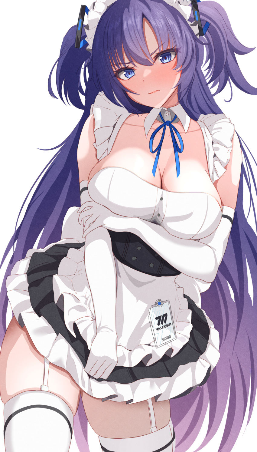 1girl absurdres alternate_costume apron blue_archive breasts cleavage closed_mouth collarbone dress elbow_gloves enmaided frilled_apron frilled_dress frills gloves hair_between_eyes highres large_breasts long_hair maid maid_apron maid_headdress ni_tamago_sando purple_eyes purple_hair simple_background solo thighhighs two_side_up white_apron white_background white_gloves white_thighhighs yuuka_(blue_archive)