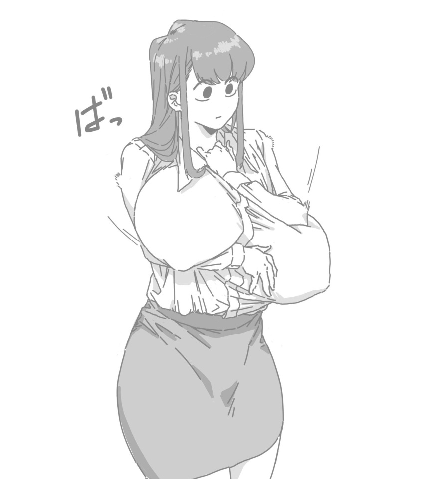 1girl aged_up alternate_breast_size breast_hold breast_suppress breasts collared_shirt commentary_request covered_nipples cowboy_shot greyscale highres huge_breasts komi-san_wa_komyushou_desu komi_shouko long_hair monochrome motion_lines no_bra office_lady pencil_skirt puffy_nipples shirt shirt_tucked_in sidelocks skirt solo speed_lines standing tomodaore_niku_udon white_background wide-eyed