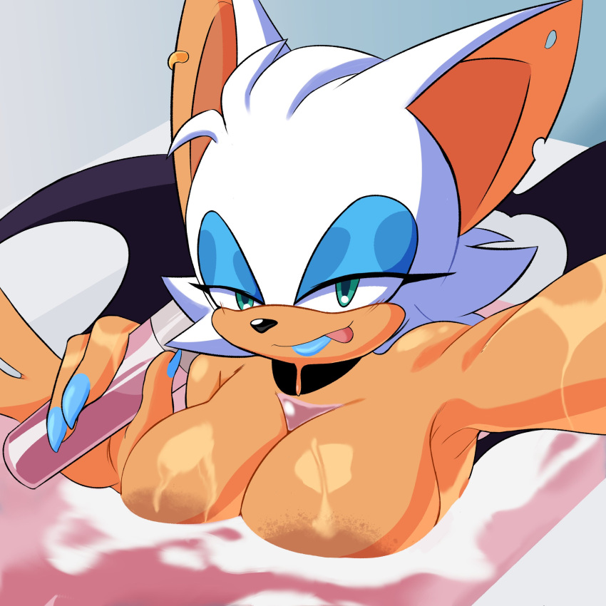 absurd_res anthro areola bat bat_wings bathtub beverage big_breasts blue_eyeshadow blue_lipstick blue_nails breasts brown_areola cheek_tuft colored_nails ear_piercing eyelashes eyeshadow facial_tuft female fur green_eyes head_tuft hi_res holding_beverage holding_object licking licking_lips licking_own_lips lipstick looking_at_viewer makeup mammal membrane_(anatomy) membranous_wings nails notched_ear nude null_abyss orange_body orange_fur piercing rouge_the_bat sega sharp_nails solo sonic_the_hedgehog_(series) taking_selfie tongue tuft white_body white_fur wings