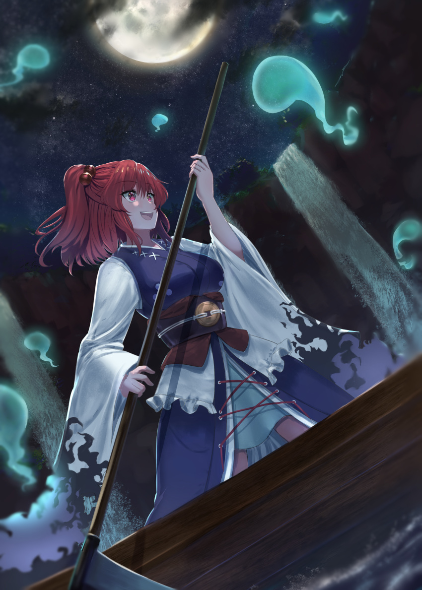 1girl absurdres aircraft airplane alternate_costume blue_dress breasts brown_sash cloud commentary_request dark_clouds dress dutch_angle flying_boat full_moon highres holding holding_scythe japanese_clothes layered_dress luke_(kyeftss) moon night onozuka_komachi open_mouth outdoors print_sleeves red_eyes red_hair scythe smile solo touhou touhou_gensou_eclipse water waterfall white_sleeves wide_sleeves