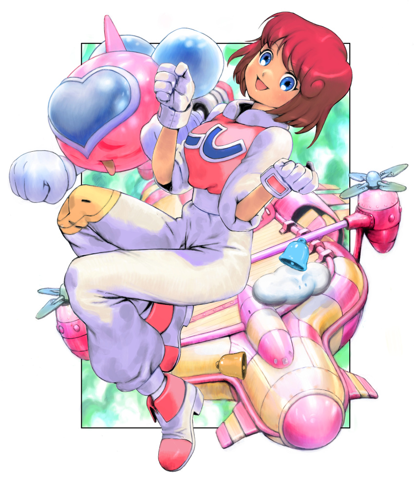 1girl absurdres aircraft blue_eyes blush full_body gloves highres looking_at_viewer open_mouth pastel_(twinbee) pilot_suit red_hair robot short_hair smile solo twinbee twinbee_(character) yasuda_akira