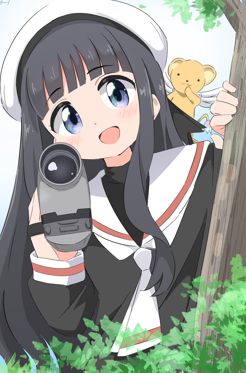 1girl :3 absurdres black_hair black_shirt blouse blue_sky blunt_bangs bush camera cardcaptor_sakura cynical_(llcbluckg_c004) daidouji_tomoyo day hand_on_own_face highres holding holding_camera kero_(cardcaptor_sakura) light_blush long_hair long_sleeves looking_at_viewer neckerchief open_mouth outdoors purple_eyes sailor_collar school_uniform serafuku shirt sky solo tongue tree white_hat white_neckerchief white_sailor_collar wings