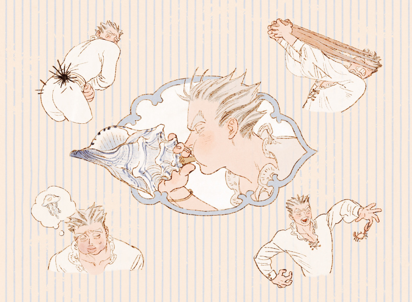 1boy animal_on_head arm_up arms_up blowing bokuto_koutarou chengongzi123 clenched_teeth closed_eyes colored_eyelashes conch crab cropped_legs cropped_torso english_commentary facing_back facing_to_the_side grey_hair haikyuu!! hand_up highres holding jellyfish male_focus multicolored_hair multiple_views octopus on_head open_mouth outstretched_arms pants portrait shirt short_hair streaked_hair striped_background teeth thick_eyebrows thought_bubble urchin very_short_hair white_pants white_shirt