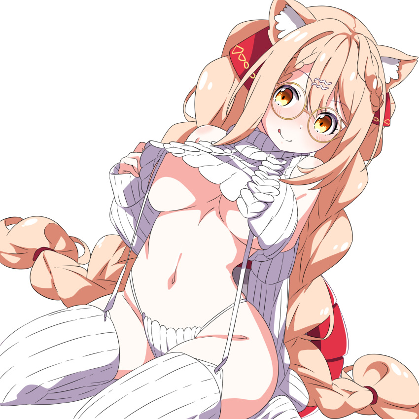 :p animal_ears blonde_hair breasts cat_ears ebiko_(vtuber) highres long_hair meme_attire orange_eyes rojogarnina round_eyewear seiza shrimp_tail sitting smile thick_thighs thighs tongue tongue_out twintails underboob very_long_hair virgin_destroyer_sweater virgin_killer_outfit virgin_killer_sweater