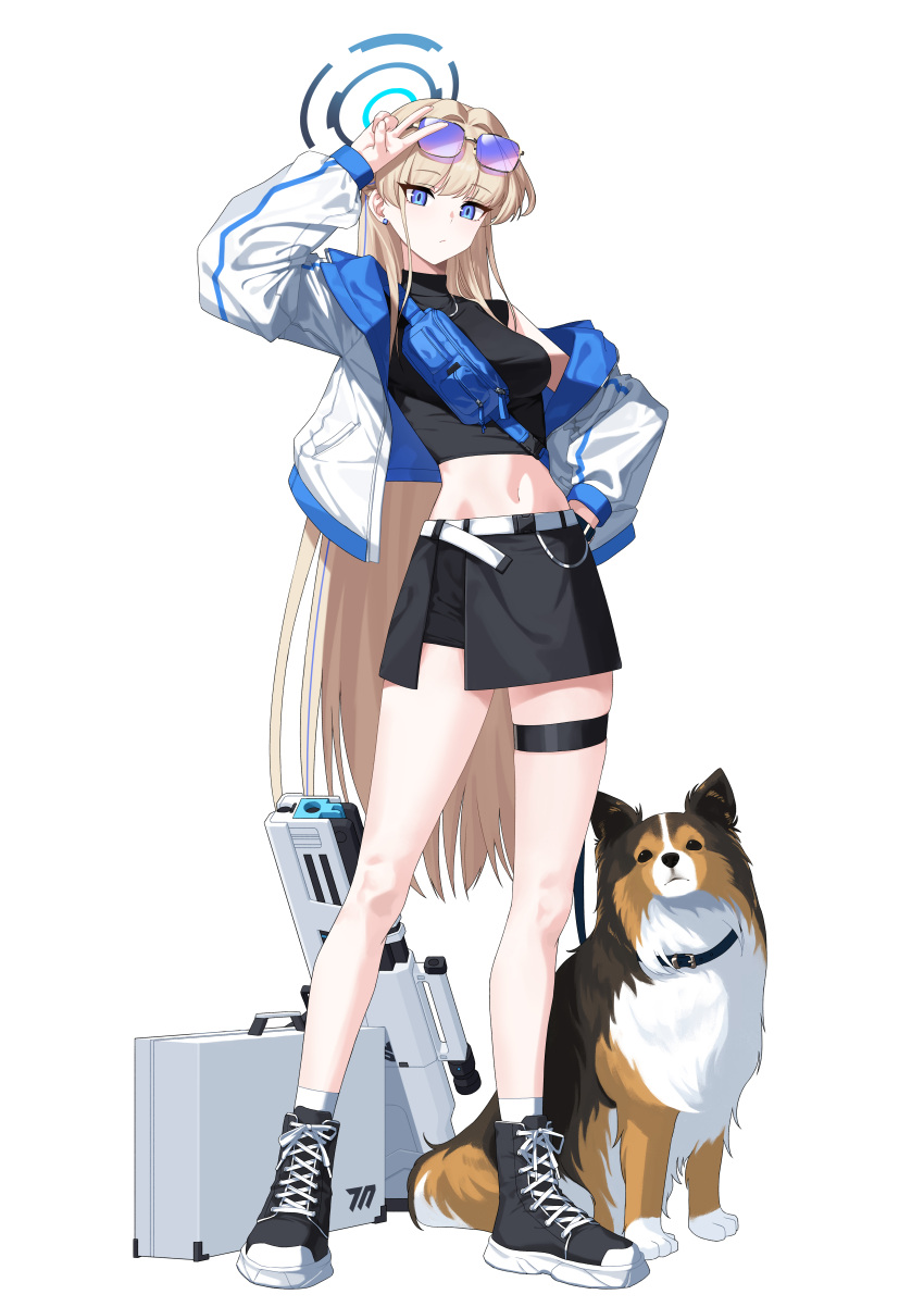 1girl absurdres alfie_(tmdals7645) animal black_footwear black_shirt black_skirt blonde_hair blue_archive blue_eyes blue_hair blue_halo boots breasts closed_mouth dog eyewear_on_head full_body halo highres jacket long_hair long_sleeves looking_at_viewer medium_breasts multicolored_hair open_clothes open_jacket shirt simple_background skirt sleeveless sleeveless_shirt socks solo streaked_hair sunglasses thigh_strap toki_(blue_archive) v white_background white_jacket white_socks
