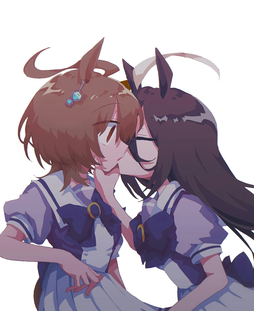 2girls absurdres agnes_tachyon_(umamusume) ahegao animal_ears brown_hair hand_on_another's_cheek hand_on_another's_face highres horse_ears horse_girl kiss long_hair manhattan_cafe_(umamusume) mekziro multiple_girls school_uniform simple_background umamusume very_long_hair white_background yuri