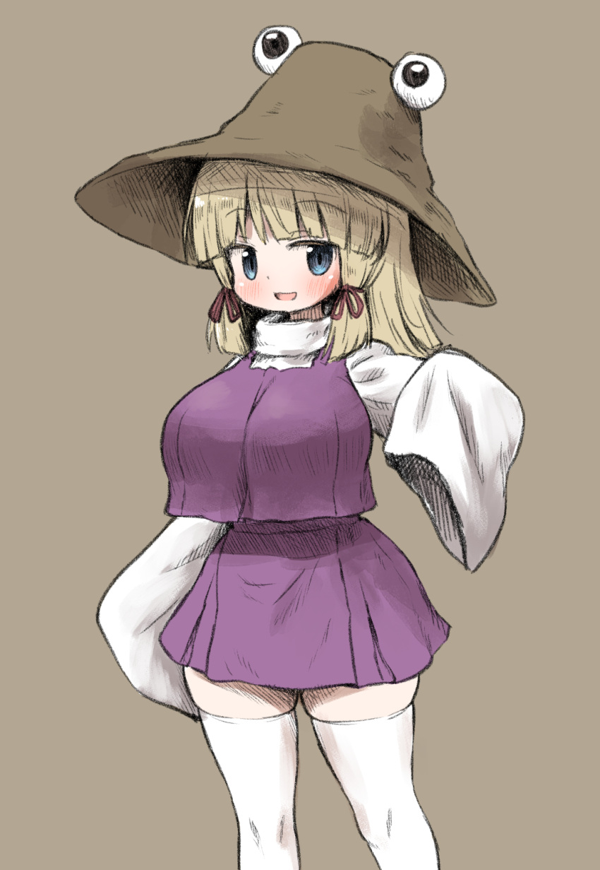 1girl arinu blush breasts cowboy_shot crop_top crop_top_overhang cropped_vest hair_ribbon hat highres large_breasts looking_at_viewer medium_hair miniskirt moriya_suwako open_mouth ribbon simple_background skindentation skirt sleeves_past_fingers sleeves_past_wrists smile solo thighhighs touhou tress_ribbon vest wide_sleeves zettai_ryouiki
