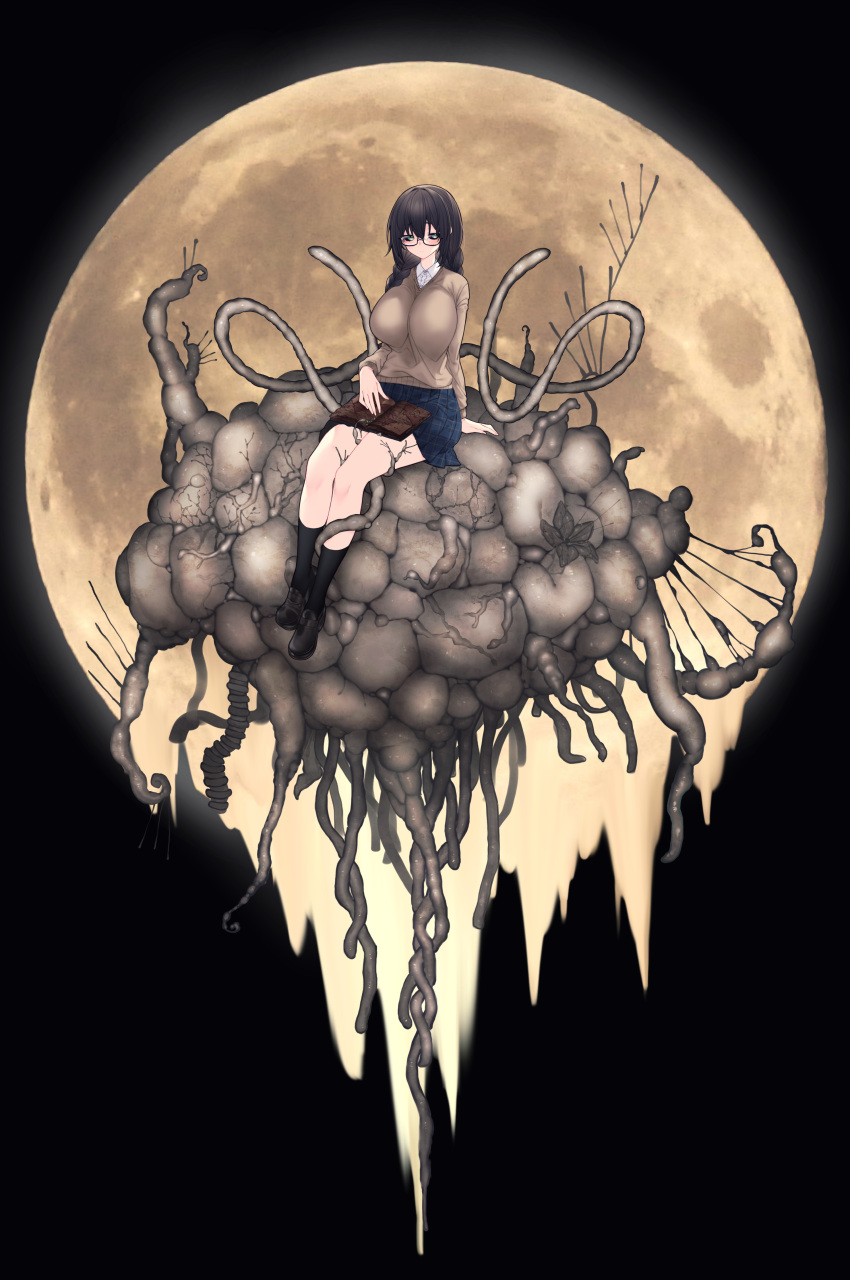 1girl absurdres black_hair black_sclera black_socks book braid breasts cardigan collared_shirt colored_sclera expressionless floating full_moon glasses green_eyes highres large_breasts loafers long_hair looking_at_viewer monster moon night original shirt shoes sitting skirt sky socks solo surreal tendril tentacles twin_braids yononaka