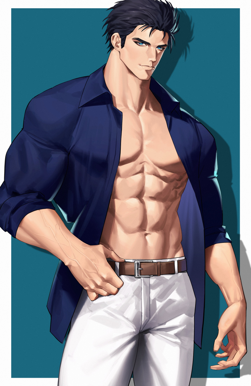 1boy absurdres belt black_hair blue_eyes blue_skirt closed_mouth collarbone commission emo37337640 highres looking_at_viewer male_focus muscular muscular_male navel open_clothes open_shirt original pants short_hair skirt solo white_pants