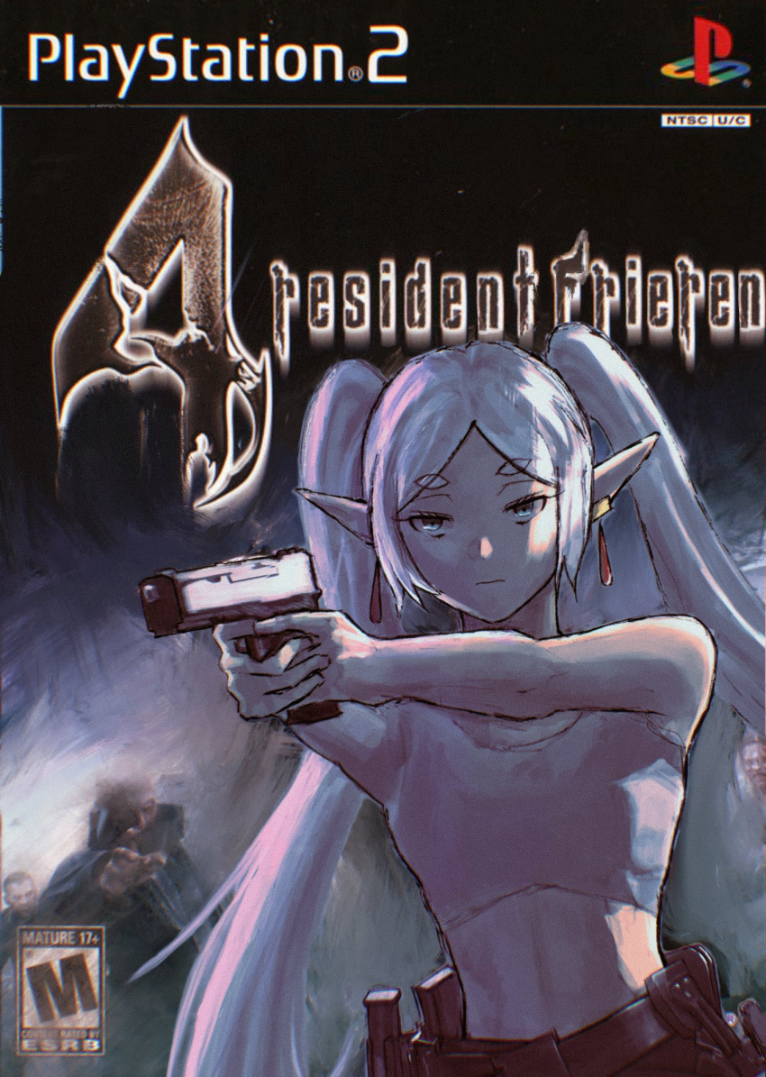 1girl aiming alternate_costume belt box_art contemporary content_rating crop_top dangle_earrings earrings elf expressionless fake_box_art frieren game_console green_eyes gun hashtag_only_commentary highres holding holding_gun holding_weapon holster jewelry kurokaze_re midriff outstretched_arms parody parted_bangs playstation_2 playstation_logo pointy_ears resident_evil resident_evil_4 shirt short_eyebrows solo_focus sousou_no_frieren thick_eyebrows twintails upper_body weapon white_shirt