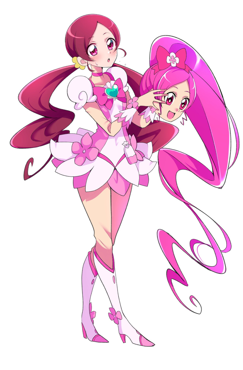 1girl animegao boots bow brooch choker commentary_request commission cosplay cure_blossom dress frilled_cuffs full_body hair_tie hanasaki_tsubomi heart heart_brooch heartcatch_precure! high_heel_boots high_heels highres holding holding_mask jewelry kigurumi long_hair looking_at_viewer low_twintails magical_girl mask mitsuki_tayura partial_commentary pink_bow pink_choker pink_dress pink_eyes pink_footwear pink_hair pixiv_commission pouch precure red_hair self_cosplay short_dress short_sleeves simple_background solo standing sweatdrop swept_bangs thigh_boots twintails unworn_mask white_background