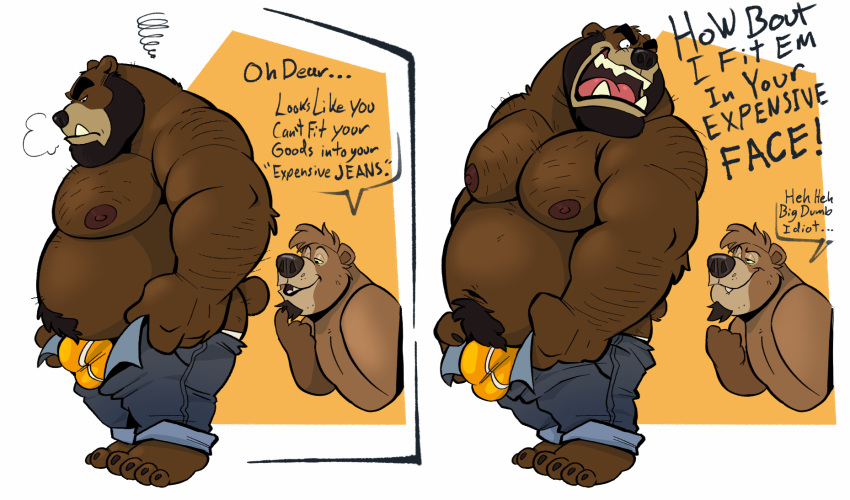 2_panel_comic 4_fingers 4_toes angry anthro balls_outline bear beard biped bottomwear brown_body brown_fur bulge claws clothing damien_(ethancostas) dead_stray_bear denim denim_bottomwear denim_clothing detailed_bulge dialogue duo english_text facial_hair fangs feet fingers fur genital_outline hair hi_res holding_bottomwear holding_clothing holding_object holding_pants jeans male male/male mammal musclegut muscular muscular_anthro muscular_male nipples overweight overweight_anthro overweight_male pants penis_outline pubes pulling_up_pants simple_background speech_bubble standing tail teeth text tight_clothing toes tongue tusks underwear yellow_clothing yellow_underwear