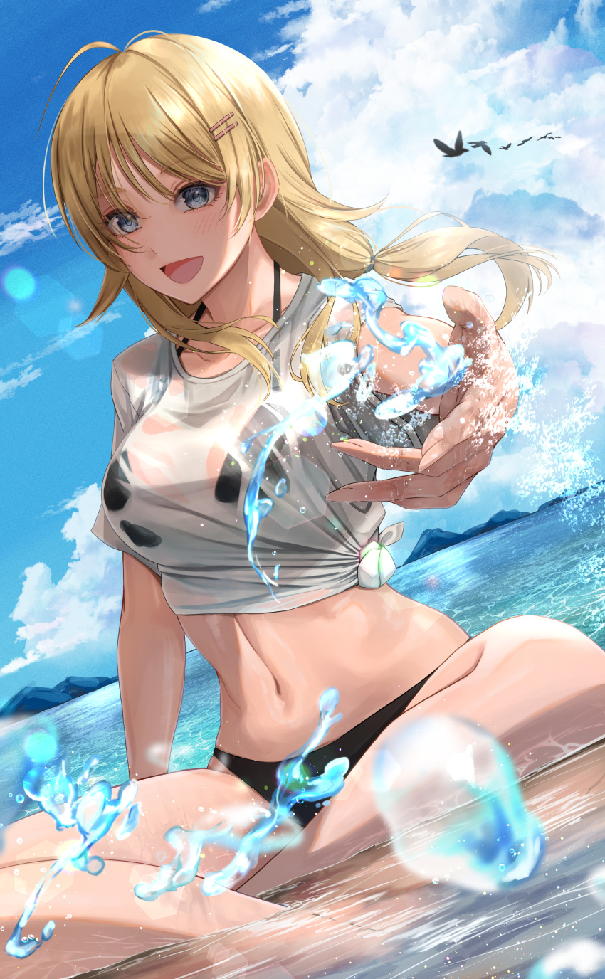 1girl absurdres bikini black_bikini blonde_hair blush breasts daiko_(dai1974910) dutch_angle floating_hair hachimiya_meguru highres holding holding_hose hose idolmaster idolmaster_shiny_colors indian_style large_breasts linea_alba long_hair looking_at_viewer navel shallow_water shirt simple_bird sitting smile solo stomach swimsuit tied_shirt water wet wet_clothes wet_shirt white_shirt