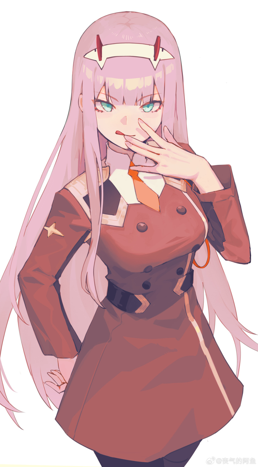 1girl :q absurdres aqua_eyes blunt_bangs buttons cowboy_shot darling_in_the_franxx double-breasted dress hand_on_own_hip hand_to_own_mouth hand_up highres long_hair long_sleeves looking_at_viewer necktie orange_necktie pink_hair red_dress sangqi_de_a_yu short_necktie simple_background solo standing tongue tongue_out watermark weibo_logo white_background zero_two_(darling_in_the_franxx)