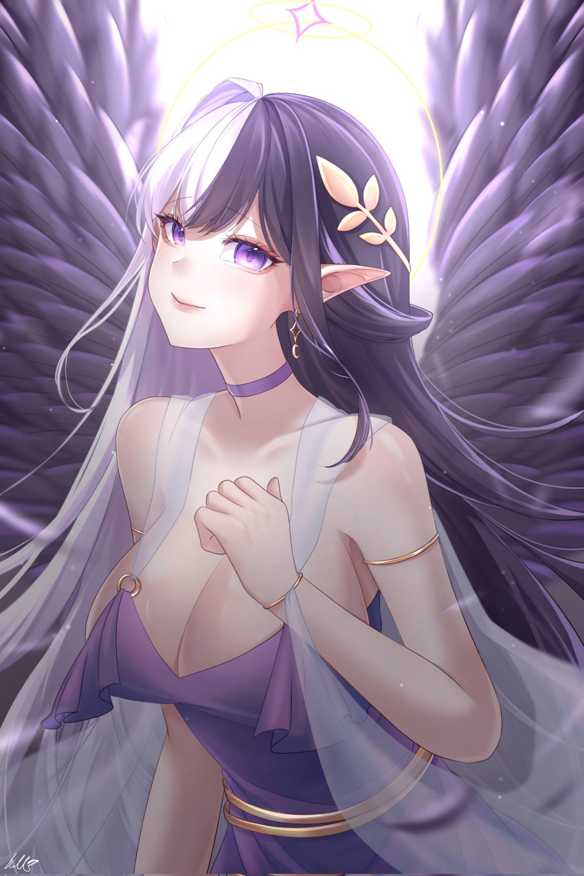 1girl aim_1410 algorhythm_project black_hair breasts closed_mouth dress earrings eileennoir hair_between_eyes highres jewelry large_breasts long_hair multicolored_hair pink_dress pointy_ears purple_eyes smile solo two-tone_hair virtual_youtuber white_hair wings