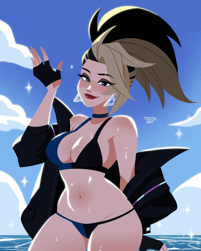 1girl akali artist_name bikini black_hair blonde_hair blue_eyes breasts earrings fingerless_gloves gloves highres jacket jewelry k/da_(league_of_legends) k/da_akali k/da_all_out_akali league_of_legends long_hair looking_at_viewer medium_breasts multicolored_bikini multicolored_clothes multicolored_hair navel ponytail smile sparkle streaked_hair swimsuit teddy_teddd triangle_earrings two-tone_hair