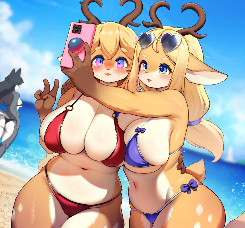 3girls absurdres animal_nose antlers beach bikini blonde_hair blue_bikini blue_eyes blue_sky body_fur breasts cellphone cloud commentary day english_commentary eyewear_on_head furry furry_female heart heart-shaped_eyewear highres holding holding_phone horns large_breasts long_hair multiple_girls navel ocean original outdoors phone red_bikini selfie sky sunglasses swimsuit tail whooo-ya