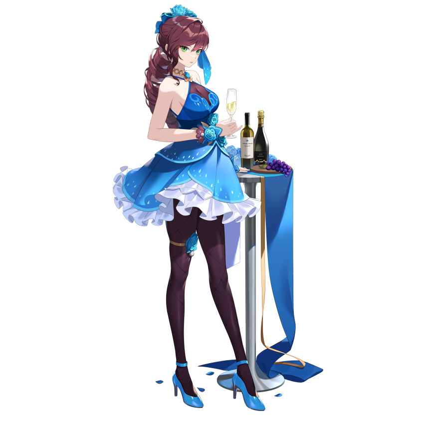 1girl bare_shoulders black_survival blue_dress blue_flower blue_footwear blue_rose blue_skirt bottle breasts brown_hair choker cleavage cup dress drill_hair drill_ponytail drinking_glass eternal_return:_black_survival fiora_pellerin flower from_side full_body gold_choker grapefruit green_eyes hair_between_eyes hair_flower hair_ornament high_heels highres holding holding_cup long_hair medium_breasts official_alternate_costume official_alternate_hairstyle official_art pantyhose parted_lips petals ponytail rose see-through see-through_cleavage simple_background skirt sleeveless sleeveless_dress standing star_(symbol) table tablecloth very_long_hair white_background white_skirt wine_bottle wine_glass wrist_cuffs