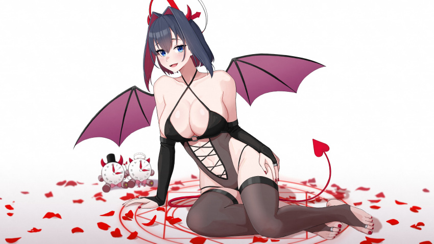 1girl alternate_costume bare_shoulders blue_eyes breasts bridal_gauntlets bridal_legwear brown_thighhighs collarbone colored_inner_hair commentary demon_girl demon_tail demon_wings english_commentary fangs feet full_body gradient_background grey_background hair_between_eyes hair_intakes hand_on_own_thigh highres hololive hololive_english huge_breasts jewelry kuon_bb leotard looking_at_viewer medium_hair multicolored_hair navel on_ground open_mouth ouro_kronii petals purple_wings red_hair revealing_clothes sitting solo tail thighhighs thighs toe_ring toes white_background wings yokozuwari
