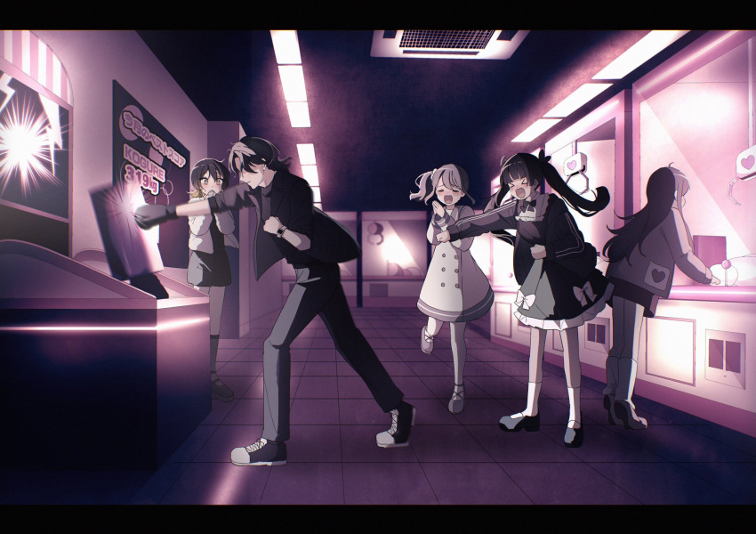 &gt;_&lt; 1boy 4girls :d azumaya_haruka black_camisole black_dress black_footwear black_hair black_jacket black_shirt black_shorts blonde_hair boxing_gloves breasts brown_footwear camisole ceiling_light clenched_hands closed_eyes collared_shirt crane_game crossed_arms dress dress_shirt fujisaki_fuuka fujisaki_kanon gradient_hair grey_hair grey_sailor_collar hand_to_own_mouth heart highres hiizumi_rinne indoors jacket letterboxed loafers long_hair long_sleeves loose_socks medium_breasts multicolored_hair multiple_girls open_clothes open_jacket open_shirt outstretched_arm own_hands_together palms_together pantyhose pink_footwear puffy_long_sleeves puffy_sleeves punching sailor_collar sailor_dress sakura_no_sekai shaded_face shirt shoes shorts side_ponytail smile socks standing tile_floor tiles tiptoes tokiwa_mimori track_jacket translation_request tsuruse twintails undershirt very_long_hair watch white_dress white_jacket white_pantyhose white_socks wristwatch xd