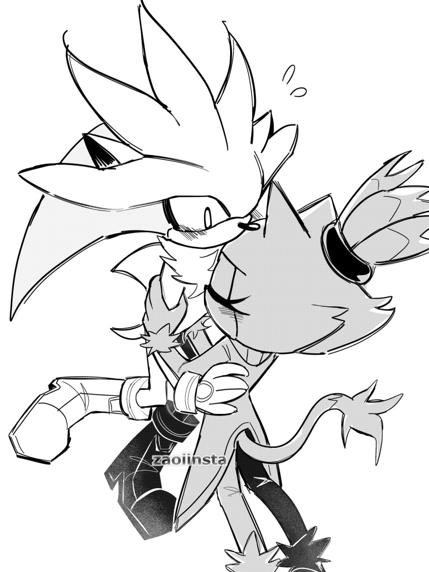 1boy 1girl blaze_the_cat blush carrying carrying_person closed_eyes gloves greyscale hetero highres kiss monochrome silver_the_hedgehog simple_background sketch sonic_(series) tail white_background zaoiinsta