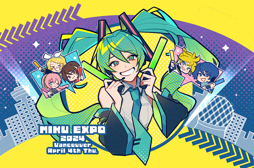 2024 2boys 4girls black_sleeves blonde_hair blue_eyes blue_hair blue_necktie blush bow brown_eyes brown_hair closed_mouth collared_shirt commentary_request detached_sleeves glowstick grin hair_between_eyes hair_bow hair_ornament hairclip hatsune_miku hatsune_miku_expo headphones highres holding_glowstick ka_ice_ha kagamine_len kagamine_rin kaito_(vocaloid) long_hair long_sleeves looking_at_viewer medium_bangs megurine_luka meiko_(vocaloid) multiple_boys multiple_girls necktie one_eye_closed penlight_(glowstick) shirt short_hair sleeveless sleeveless_shirt smile swept_bangs twintails upper_body vocaloid white_bow white_shirt