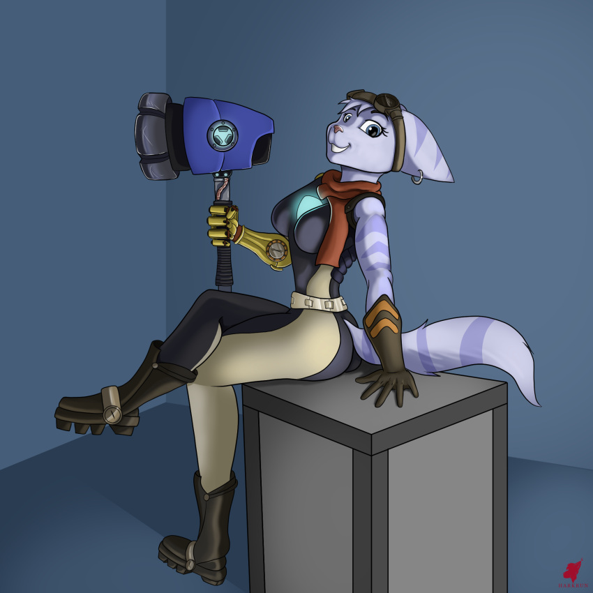 anthro female hammer harkrun hi_res looking_at_viewer mechanical_arm ratchet_and_clank rivet_(ratchet_and_clank) sitting solo sony_corporation sony_interactive_entertainment tools weapon
