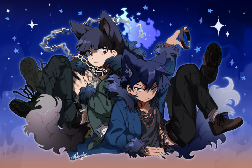 2boys animal_collar animal_ear_fluff animal_ears arm_up artist_name black_collar black_eyes black_footwear black_hair black_nails black_pants blue_background blue_coat chain chain_leash closed_mouth coat collar deviidog0 fingernails full_body fur-trimmed_coat fur-trimmed_hood fur-trimmed_sleeves fur_trim highres hood hood_down hooded_coat leash long_fingernails long_sleeves looking_at_viewer male_focus midriff_peek multiple_boys original pants shoes short_hair sitting solo star_(sky) star_(symbol) tail torn_clothes twitter_username wolf_boy wolf_ears wolf_tail