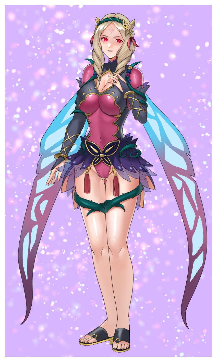 1girl absurdres alternate_costume blonde_hair breasts bridal_gauntlets cleavage commentary_request commission corruption cosplay covered_navel drill_hair emmeryn_(fire_emblem) facial_mark fairy_wings fake_wings fire_emblem fire_emblem_awakening fire_emblem_heroes forehead_mark full_body green_eyes hair_ornament hazuki_(nyorosuke) highres large_breasts leotard long_hair looking_at_viewer mind_control pink_leotard plumeria_(fire_emblem) plumeria_(fire_emblem)_(cosplay) sandals skeb_commission solo wings