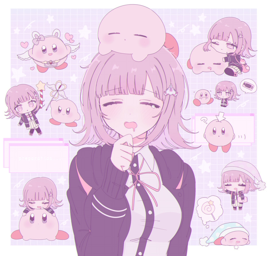 1girl breasts brown_hair chi_gu collared_shirt danganronpa_(series) danganronpa_2:_goodbye_despair dress_shirt facing_viewer flipped_hair galaga hair_ornament hand_up highres holding holding_staff hood jacket kirby kirby_(series) large_breasts long_sleeves medium_hair nanami_chiaki neck_ribbon on_head open_clothes open_jacket pink_eyes ribbon shirt skirt staff star_(symbol) two-tone_shirt upper_body white_shirt yawning