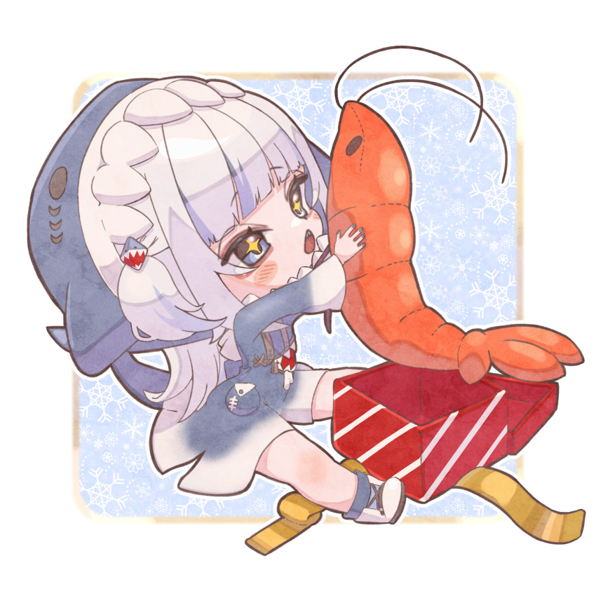 +_+ 1girl animal_costume animal_hood blue_eyes blue_hair blue_hoodie blunt_bangs blush_stickers box character_doll chibi chibi_only choppy_bangs commentary ebi-chan_(gawr_gura) fins fish_tail full_body gawr_gura gawr_gura_(1st_costume) gift gift_box grey_hair hair_ornament highres hololive hololive_english hood hood_up hoodie kyuushoku_touban long_hair long_sleeves multicolored_hair no_pants pocket shark_costume shark_girl shark_hair_ornament shark_hood shark_tail sharp_teeth shoes sneakers solo streaked_hair stuffed_shrimp symbol-only_commentary tail teeth two_side_up white_footwear