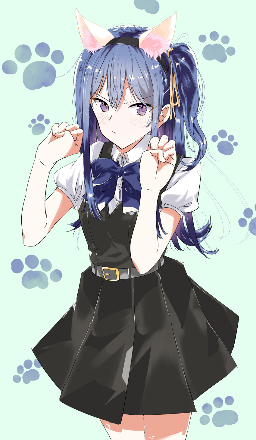 1girl absurdres animal_ear_hairband animal_ears black_dress blue_background blue_bow blue_bowtie blue_hair blush bow bowtie cat_ears claw_pose closed_mouth collared_shirt commentary cowboy_shot dress enshu_suruga fake_animal_ears hair_ribbon hairband highres izumi_shiho long_hair one_side_up paw_print paw_print_background pinafore_dress purple_eyes ribbon sasayaku_you_ni_koi_wo_utau shirt short_sleeves sleeveless sleeveless_dress solo white_shirt yellow_ribbon