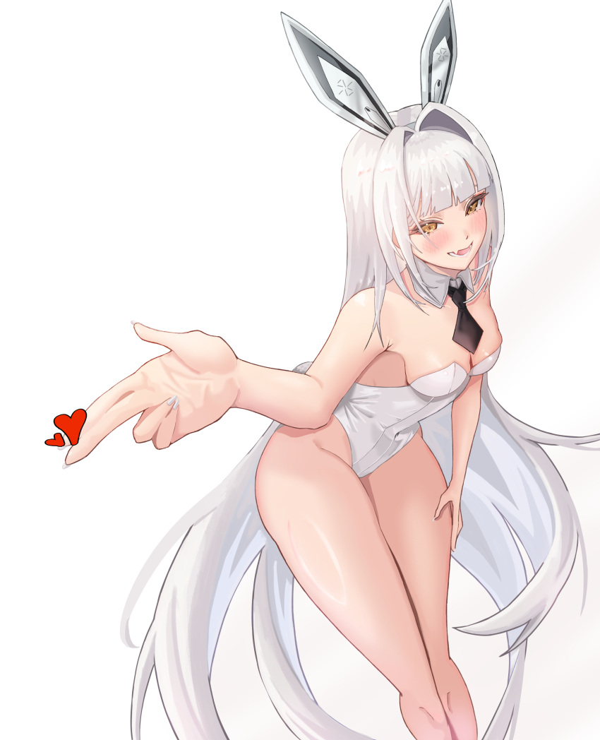 1girl :d absurdres animal_ears blanc_(nikke) bluepaint blunt_bangs blush breasts cleavage covered_navel detached_collar fang goddess_of_victory:_nikke heart highres long_hair looking_at_viewer medium_breasts necktie open_mouth playboy_bunny rabbit_ears rabbit_tail simple_background skin_fang smile solo tail white_background white_hair white_nails yellow_eyes