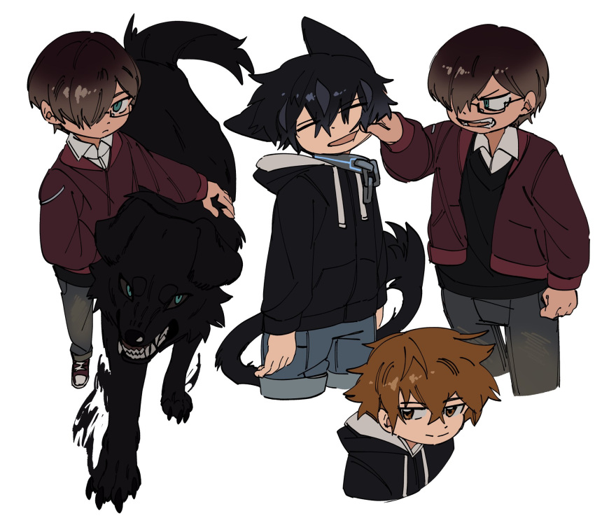 2boys animal animal_ears animalization black_hair black_jacket black_sweater_vest blue_eyes brown_eyes brown_hair cheek_pinching child closed_eyes closed_mouth collar collared_shirt cropped_legs denim deviidog0 dog full_body fur-tipped_tail glasses hair_over_one_eye hand_up highres jacket jeans long_sleeves looking_at_viewer male_focus metal_collar multiple_boys multiple_views open_mouth original pants pinching red_jacket shirt short_hair shorts simple_background smile sweater_vest tail white_background