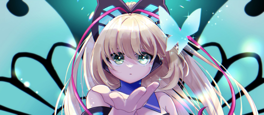 1girl aihira_(aihira12) antenna_hair azure_striker_gunvolt bare_shoulders blonde_hair breasts bug butterfly butterfly_hair_ornament butterfly_wings cleavage commentary dress energy_wings glowing_butterfly green_eyes hair_ornament high_ponytail highres idol insect_wings large_breasts long_hair lumen_(gunvolt) pink_hair solo sparkle strapless strapless_dress upper_body wings
