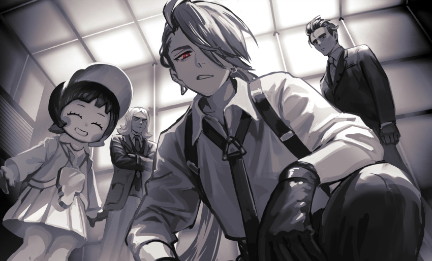 2boys 2girls clenched_teeth closed_eyes closed_mouth collared_shirt crossed_arms dress earrings gloves greyscale grin hair_over_one_eye hassel_(pokemon) hat highres jacket jewelry larry_(pokemon) long_hair long_sleeves looking_at_viewer monochrome multiple_boys multiple_girls necktie pants pokemon pokemon_sv poppy_(pokemon) red_eyes rika_(pokemon) rott_ur shirt smile spot_color standing teeth very_long_hair