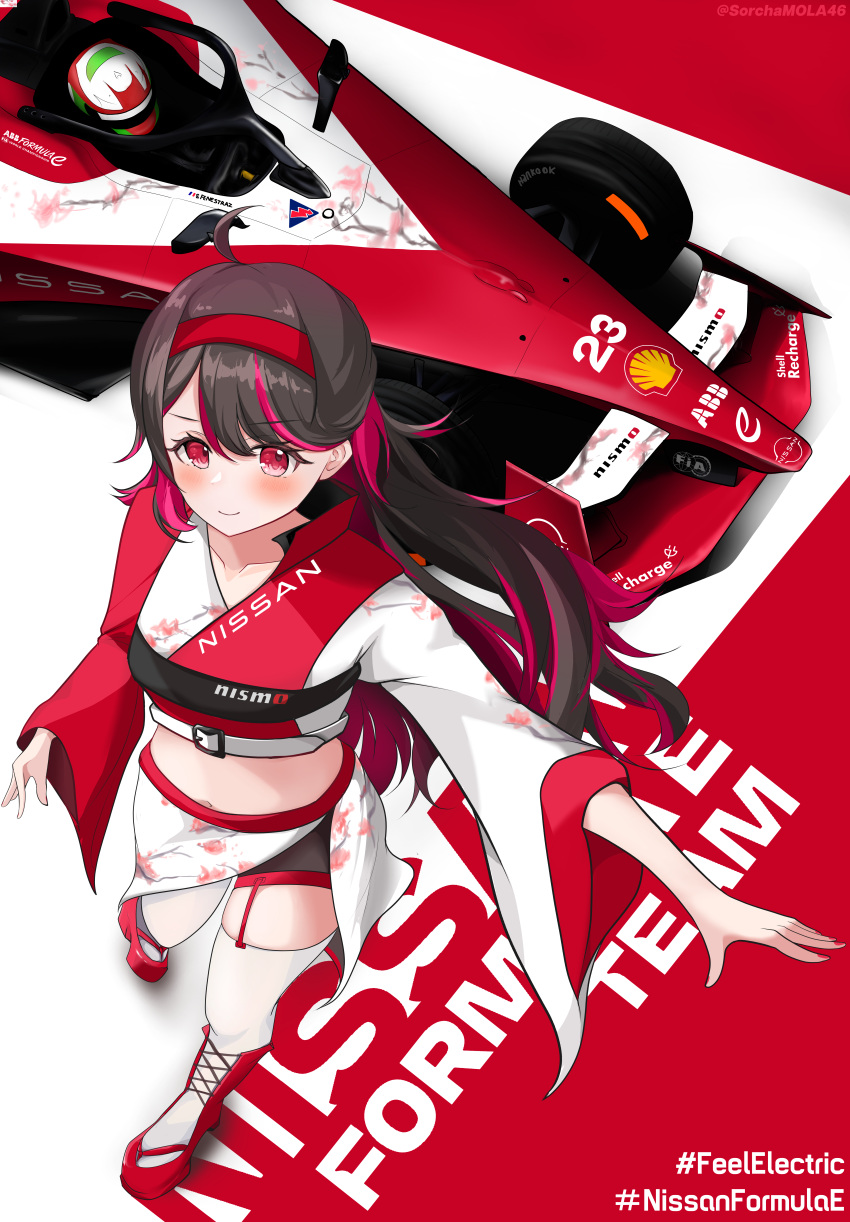 1boy 1girl absurdres black_shorts boots car floating_hair formula_e formula_racer from_above garter_straps hairband helmet highres hiroki_tanabe long_hair midriff motor_vehicle multicolored_hair navel nismo nissan personification race_vehicle racecar real_life red_eyes red_footwear red_hair red_hairband sacha_fenestraz shell_(company) shirt shorts smile streaked_hair thighhighs v-shaped_eyebrows vehicle_and_personification very_long_hair white_shirt white_thighhighs wide_sleeves